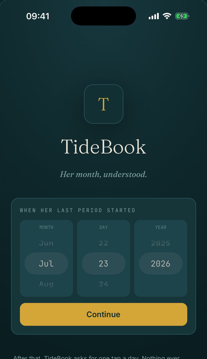 Setup screen asking when her last period started, with month, day and year pickers.